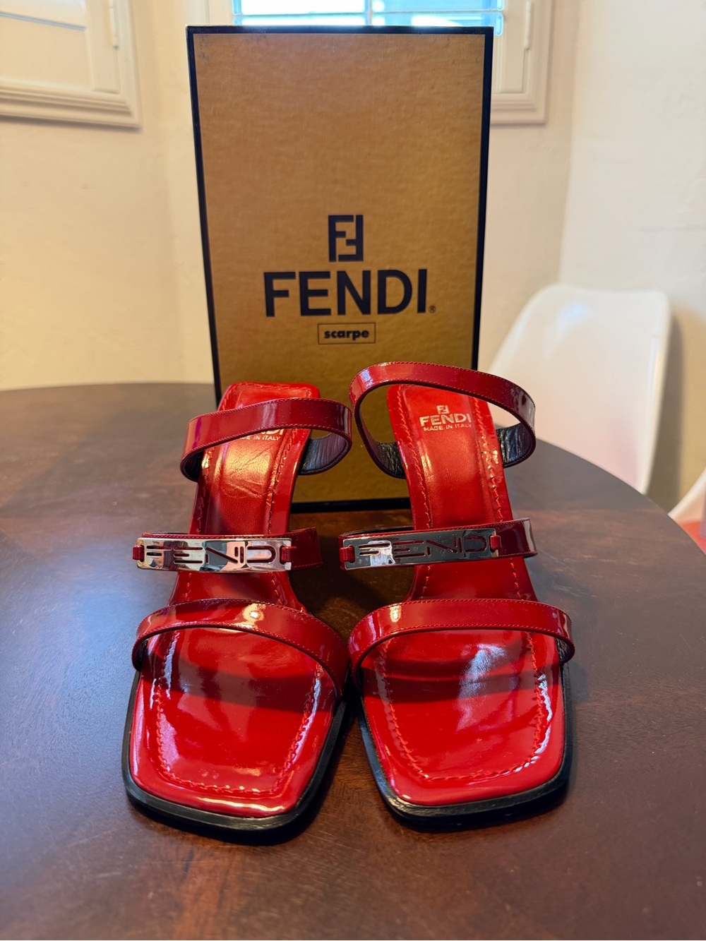 Vintage Fendi Red Patent Leather Metal Logo Strap Block Heeled Sandals